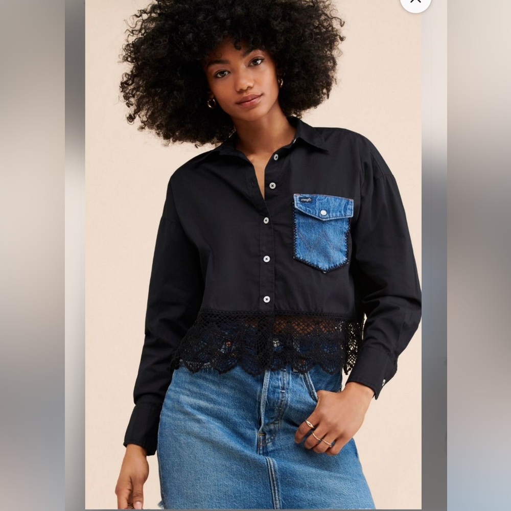 Tricia Fix Black and Blue Button Down Shirt with Lace